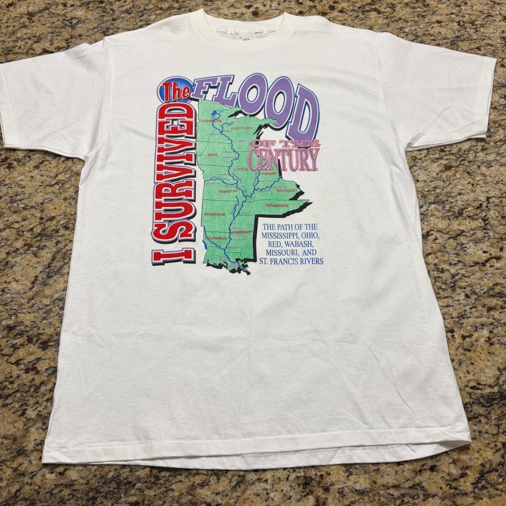 Vintage Delta I Survived The Flood Of The Century T Shirt XL White v